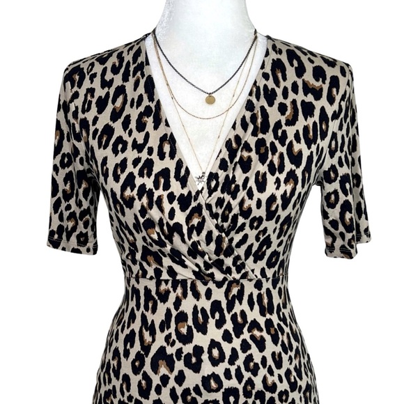 Ann Taylor Factory Faux Wrap Leopard Animal Print Belted Top Tan Black Brown XS - Picture 3 of 12